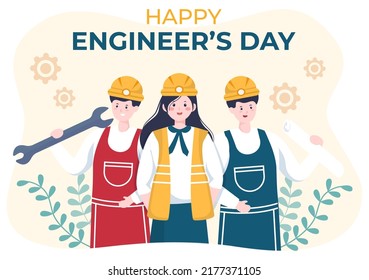 Happy Engineers Day Illustration Commemorative For Engineer With Worker, Helmet And Tools Of In Flat Style Cartoon