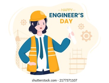 Feliz Día de los Ingenieros Ilustración conmemorativa para Ingeniero con Trabajador, Casco y Herramientas de Caricatura en Estilo Plano