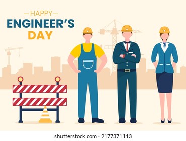 Happy Engineers Day Illustration Commemorative For Engineer With Worker, Helmet And Tools Of In Flat Style Cartoon