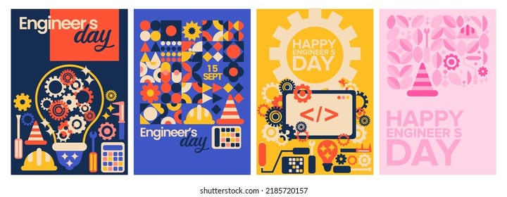 Happy engineer's day vector collection set with toolset, monitor, helmet, screw driver for greeting card and invitation.