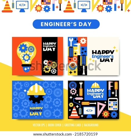 Happy engineer's day vector collection set with toolset, monitor, helmet, screwdriver for poster background