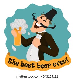 Happy Englishman with a glass of tasty beer. The best beer ever lettering. Vector illustration isolated on white. 