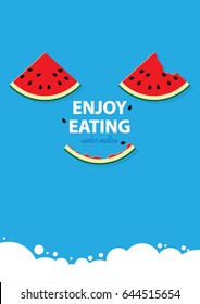 Happy enjoy eating watermelon, Watermelon vector illustration on blue background.