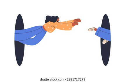 Happy enthusiast flying, exploring unknown, coming out, peeping from holes. Young funny woman. Breakthrough, discovery, energy concept. Flat graphic vector illustration isolated on white background - Shutterstock ID 2281717293