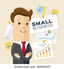 Happy Entrepreneur, Businessman, Small Business. Thumb Up. Vector, Flat, Illustration