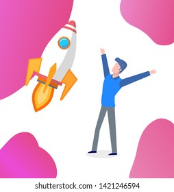 Happy entrepreneur with flying rocket vector. Successfully launched startup, businessman excited from success of project. Rapid pace speed of spaceship. New idea