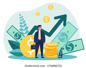 Happy entrepreneur waiting for growth and success in work flat vector illustration. Investor saving his funds and money. Service, trade and economy concept.