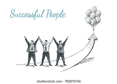 Happy entrepreneurs raised their hands up. Vector business concept illustration, hand drawn sketch. Successful People