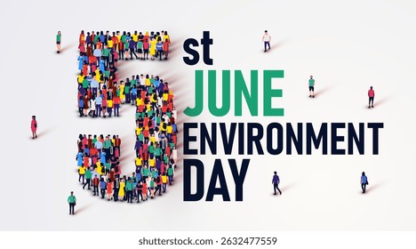 Cartel del concepto del día del ambiente feliz. Grande grupo de personas se encuentra en la forma del número 5. 5 de junio. Ilustración vectorial.