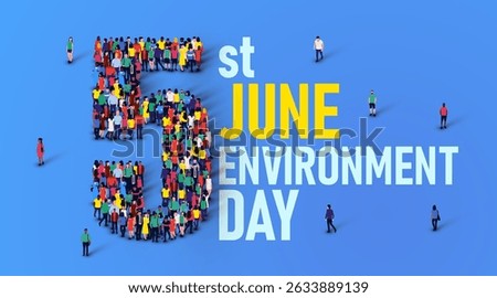Happy environment day concept poster. Large group of people stands in the shape of the number 5. 5th of June. Vector illustration.
