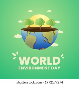 Happy Environment Day, Happy Earth Day, Design includes earth illustration and leaf, Ecology concept, Drawn in gradient Vector Illustration