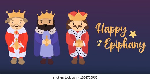 Happy Epiphany banner. Hand drawn isolated vector of three kings or wise men with gifts in flat style. Epiphany, three kings day greeting card, template.