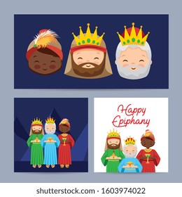 happy epiphany cards with three wise men. vector illustration