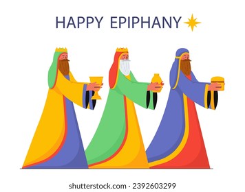 Happy Epiphany Konzept. Traditioneller christlicher Feiertag und Festival im Osten. Glaube und Religion. Drei Männer in bunten Kleidern. Cartoon-FlachVektorgrafik einzeln auf weißem Hintergrund