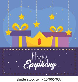 happy epiphany with crown and prsents with stars