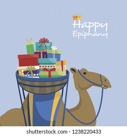 Happy epiphany day. Camel transporting gifts and english text