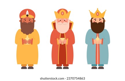 Happy Epiphany Day. Christian festival. Three kings on white background. Flat vector illustration