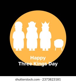 Happy Epiphany Day. Christian holiday. Silhouette of the Three Kings bringing gifts to Jesus. Yellow and white figures on a black background. Flat vector illustration.