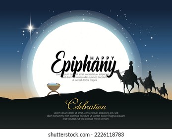 Happy epiphany day design. Three wise men on camel, bright star, nativity of Jesus. Minimal line art.