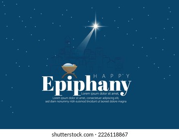 Happy epiphany day design. Three wise men on camel, bright star, nativity of Jesus.