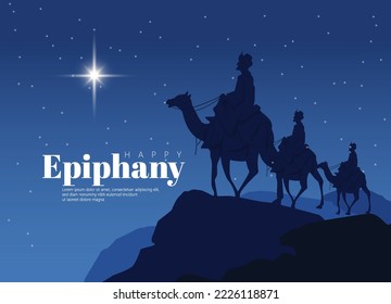 Feliz diseño del día de la epifanía. Tres hombres sabios en camello, estrella brillante, natividad de Jesús.