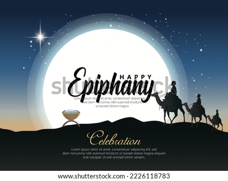 Happy epiphany day design. Three wise men on camel, bright star, nativity of Jesus. Minimal line art.