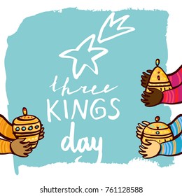 Happy Epiphany Day Hand Drawn Celebration Greeting Card Template. Lettering Text And Shooting Star. Three Kings Hands Holding Gold Gifts.