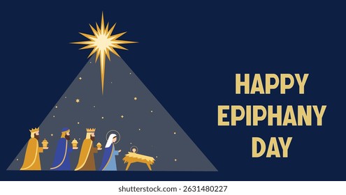 Happy Epiphany Day Vector Illustration with Three Wise Men and Nativity Scene
