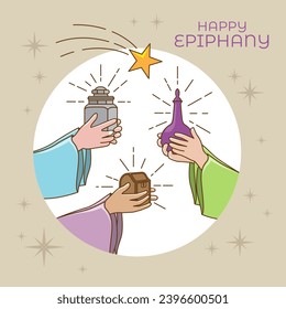 Happy Epiphany. An illustration of three wise men bringing gifts