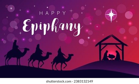 Happy Epiphany, Nativity scene with wise men, Jesus in manger and Bethlehem star. Vector illustration