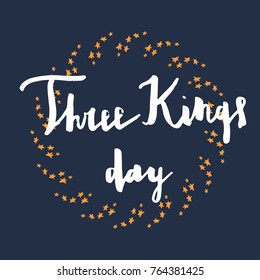 Happy Epiphany and three kings day hand drawn brush lettering text for celebration greeting card template with simple illustration elements.