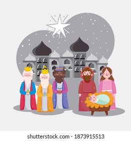 epifanía feliz, tres reyes sabios maría jospeh y bebé en la ciudad de béthlehem ilustración vectorial