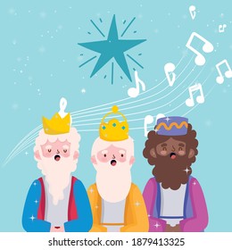 happy epiphany, three wise kings sing christmas carols vector illustration