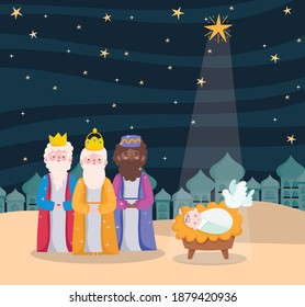 happy epiphany, three wise kings baby jesus dove and bright star in sky vector illustration