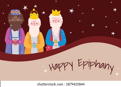 happy epiphany, three wise kings snowflakes greeting card vector illustration