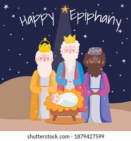 happy epiphany, three wise kings with baby jesus desert night card vector illustration