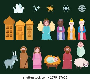 happy epiphany, three wise kings mary joseph baby and animals icons vector illustration