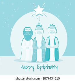 happy epiphany, three wise kings from the east, melchor, gaspar and balthazar vector illustration