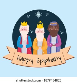 epifanía feliz, tres sabios reyes tradición christiana ilustración vectorial