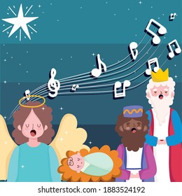 happy epiphany, three wise kings baby jesus and angel sing christmas carols vector illustration