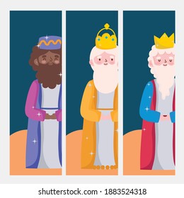 epifanía feliz, tres reyes sabios caricaturistas ilustraciones vectoriales