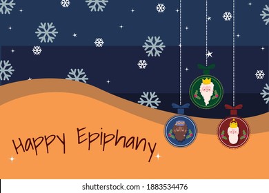 happy epiphany, three wise kings in hanging balls, snowflakes decoration vector illustration