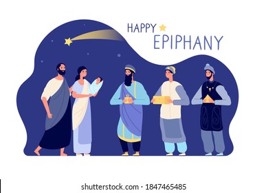 Happy epiphany. Three wise men, winter holiday christian festival banner. Holy family greetings kings magi with presents utter vector flyer