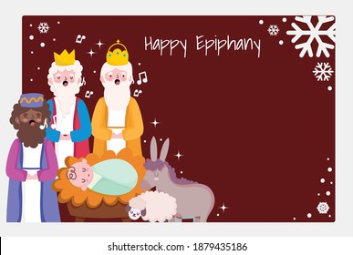 happy epiphany, three wise men baby jesus donkey sing christmas carols vector illustration