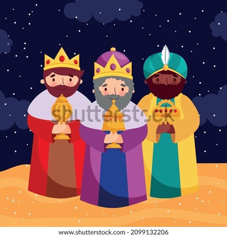 happy epiphany with three wise men between night . vector illustration