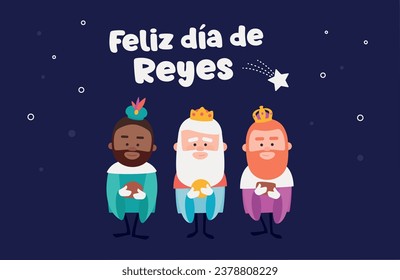 Happy epiphany written in spanish. Three funny wise men. Kings of orient on blue background. Christmas vectors
