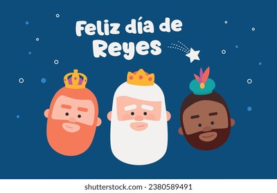 Happy epiphany written in spanish. Three funny wise men. Kings of orient on blue background. Christmas vectors
