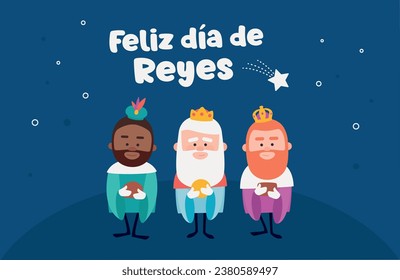 Happy epiphany written in spanish. Three funny wise men. Kings of orient on blue background. Christmas vectors
