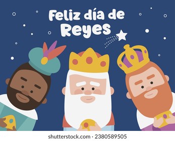 Happy epiphany written in spanish. Three funny wise men. Kings of orient on blue background. Christmas vectors
