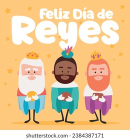Happy epiphany written in spanish. Three funny wise men. Kings of orient on yellow background.
